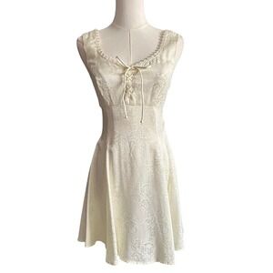 Vintage 90s Y2K Cream Floral Jacquard Lace-Up Mini Dress Coquette Romantic